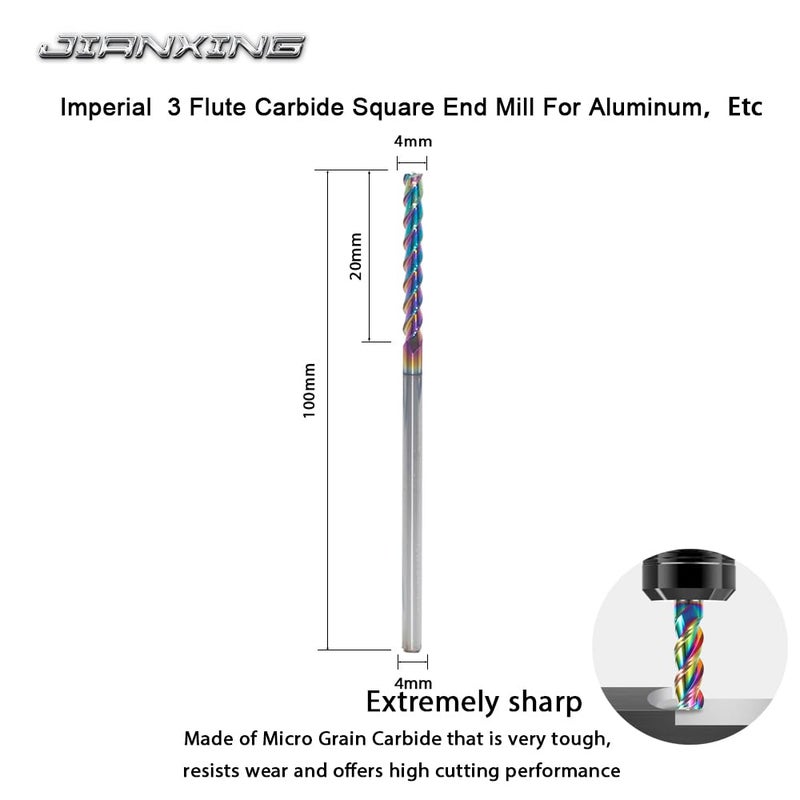 JIANXING 4mm Extra Long Carbide Square End Mill for Aluminum & Copper Applications, 3-Flute, 100mm Length, DLC Coating, CNC Router Bits, End Mill Bits (1 Pieces) - Image 2